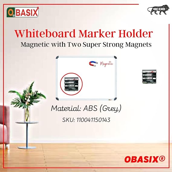 OBASIX® Whiteboard Marker Holder (Magnetic) for School College Office|with Two Super Strong Magnets| Material: ABS (Grey)
