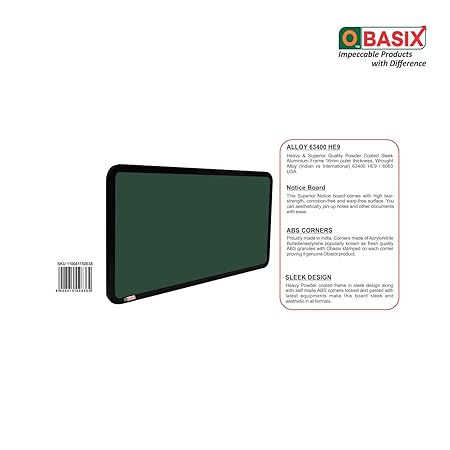 OBASIX®  Superior Series Pin-up Bulletin Notice Board (1x2 Feet) Green for School College Office | Powder Coated Black Frame SPBGPCB3060