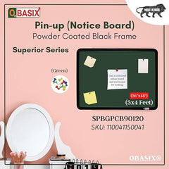 OBASIX® Superior Series Pin Up Bulletin Notice Board (3x4Feet) Green for School College Office | Powder Coated Black Frame SPBGPCB90120