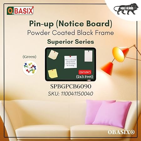 OBASIX® Superior Series Pin-up Bulletin Notice Board (2x3 Feet) Green for School College Office | Powder Coated Black Frame SPBPCBG6090