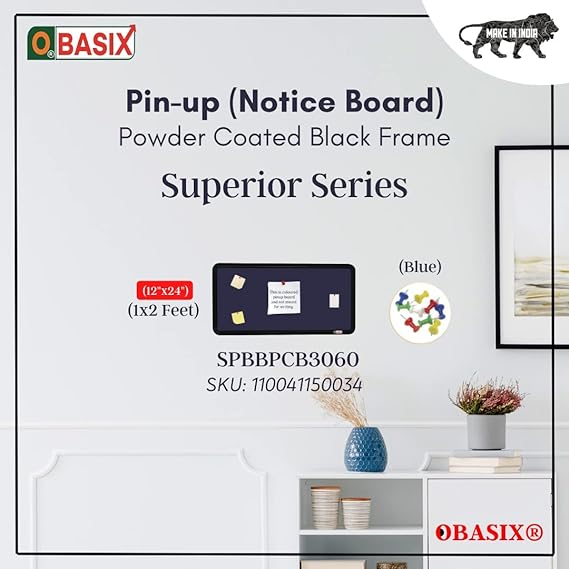 OBASIX® Superior Series Pin-up Bulletin Notice Board (1x2) Feet Blue for School College Offices  | Powder Coated Black Frame SPBBPCB3060