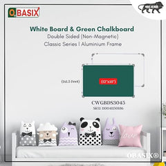 OBASIX® Classic Series Double-Sided 1x1.5 Feet (Non-Magnetic) Whiteboard and Green Chalkboard | Aluminium Frame CWGBDS3045