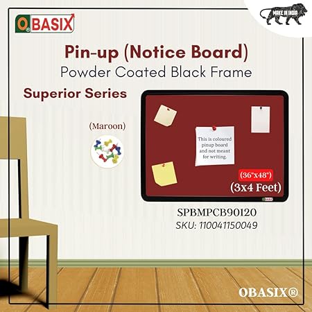 OBASIX® Superior Series Pin-up Bulletin Notice Board (3x4 Feet) Maroon for School College Office | Powder Coated Black Frame SPBMPCB90120