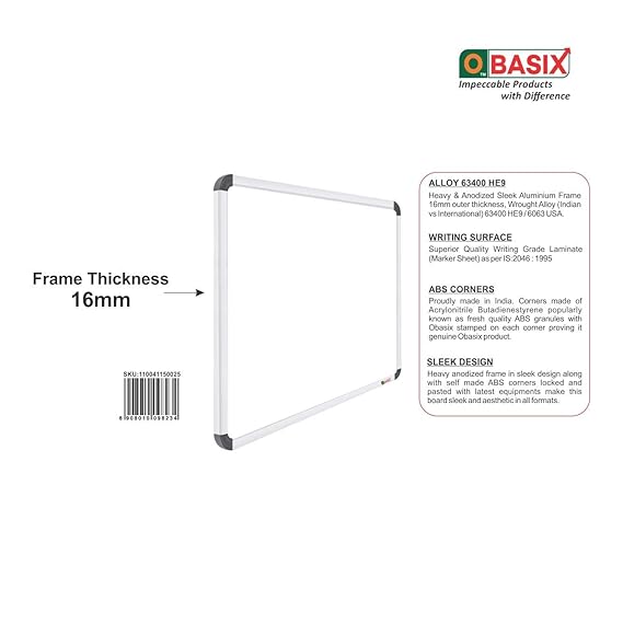 OBASIX® Superior Series White Board 1x2 Feet Non-Magnetic | Heavy Aluminium Frame Natural Finesse SWB3060
