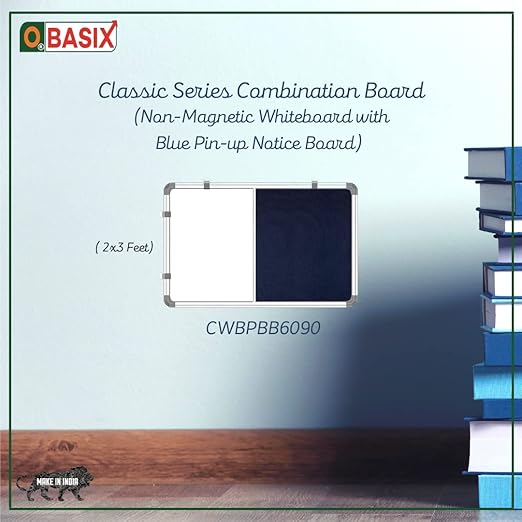 OBASIX® Classic Series Combination Board 2x3 Feet (Non-Magnetic Whiteboard with Blue Pin-up Notice Board) | Aluminium Frame CWBPBB6090