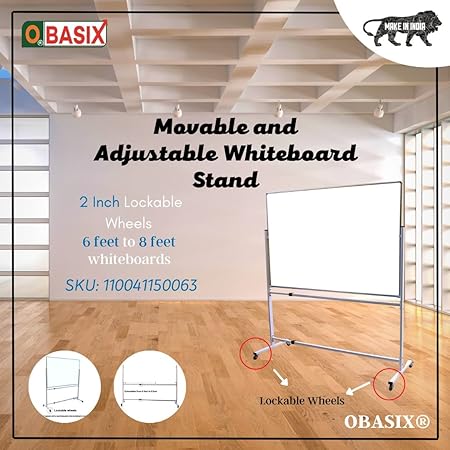 OBASIX® Portable Revolving Movable Whiteboard Stand for School College Office | With 2 Inch Lockable Wheels|Appropriate for 6ft to 8ft White Boards