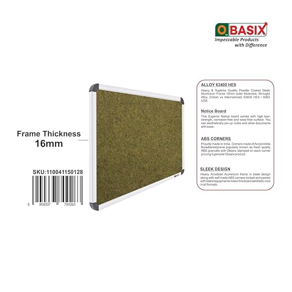 OBASIX® Superior Series Pin Up Bulletin Notice Board (1x2 Feet) Olive Green | Natural Finesse Heavy Aluminium Frame SPBOG3060