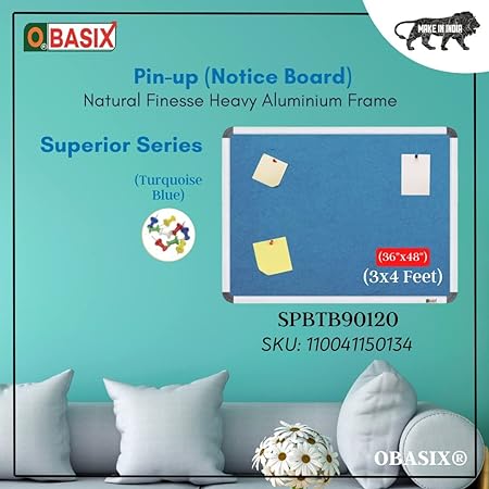 OBASIX® Superior Series Pin-up Bulletin Notice Board (3x4 Feet) Turquoise Blue | Natural Finesse Heavy Aluminium Frame SPBTB90120