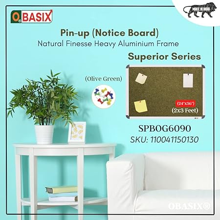 OBASIX® Superior Series Pin-up Bulletin Notice Board (2x3 Feet) Olive Green | Natural Finesse Heavy Aluminium Frame SPBOG6090