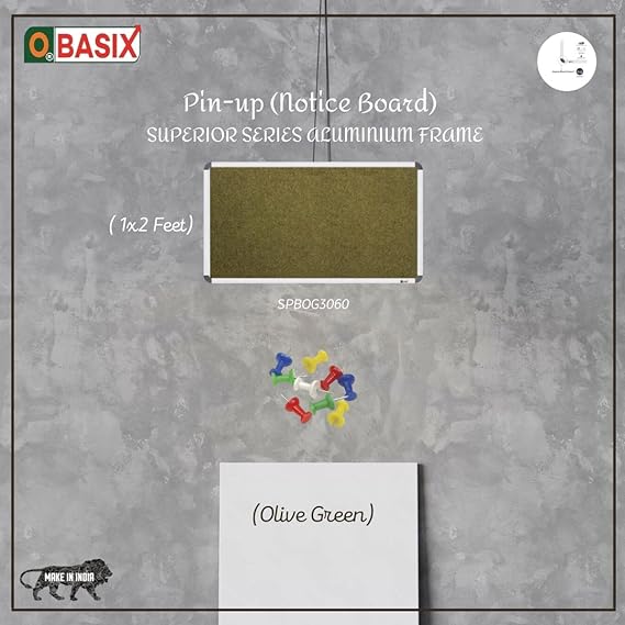 OBASIX® Superior Series Pin Up Bulletin Notice Board (1x2 Feet) Olive Green | Natural Finesse Heavy Aluminium Frame SPBOG3060