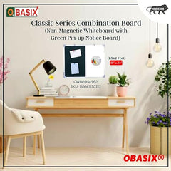 OBASIX® Classic Series Combination Board 1.5x2 Feet (Non-Magnetic Whiteboard with Green Pin-up Notice Board) | Aluminium Frame CWBPBG4560